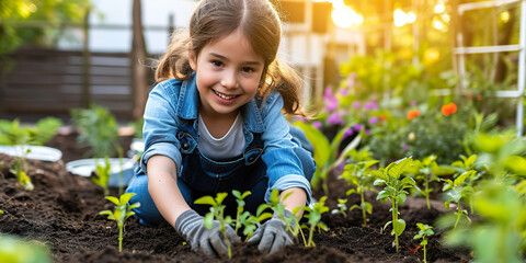 Smiling young girl planting seedlings in the garden