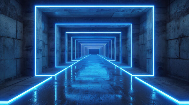 Fototapeta Neon concrete garage background, abstract empty grungy tunnel with lines of led blue light, perspective of modern dark underground hallway. Concept of room, interior, hall, design