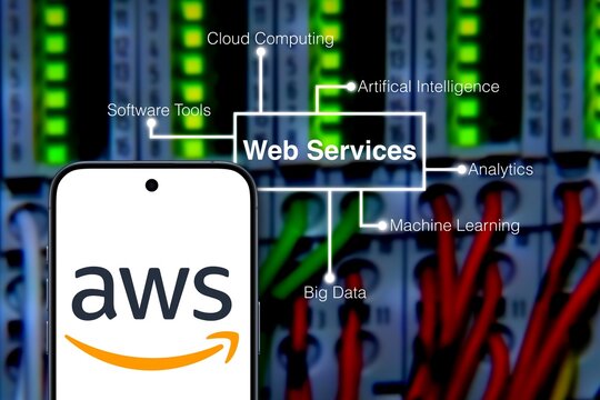 AWS Logo shown on a modern smartphone and concept in front of control lights of server and cables in the background, Amazon Web Services, cloud, online, software tools, API, internet, business, server