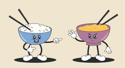 Cartoon character bowl rice meets girlfriend bowl of noodles. Retro Groovy style. Vector illustration of EPS10.
