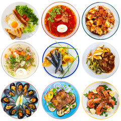 Collection of delicious homemade and restaurant dishes on round plates. High quality photo