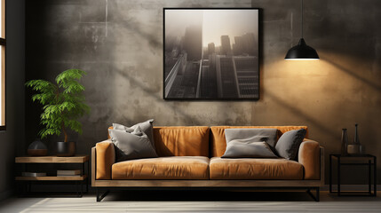 Chic living room interior showcasing a caramel leather sofa, lush houseplant, urban cityscape wall art, and ambient lighting.