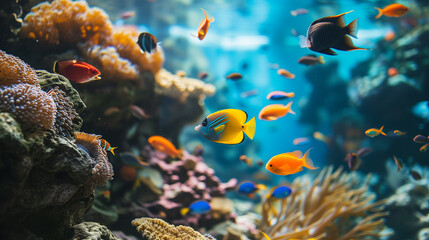 Naklejka na ściany i meble Colorful tropical fish swimming among coral reefs in an aquarium setting, showcasing marine biodiversity and underwater life.
