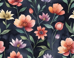 Watercolor painting of a collection of bright flowers on a dark background.
