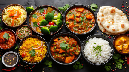 Assorted Indian food on black background