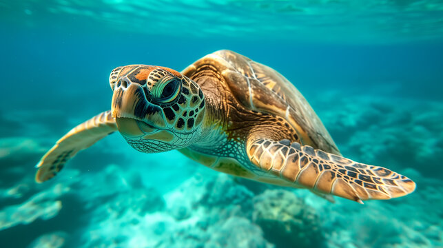 A majestic sea turtle glides through the clear blue waters of the ocean, showcasing its intricate shell pattern and calm demeanor.
