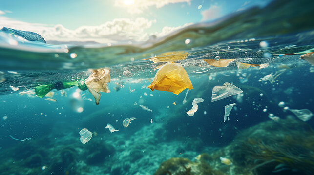 Disturbing image of plastic bags and trash floating in the blue ocean, representing the environmental issue of marine pollution.