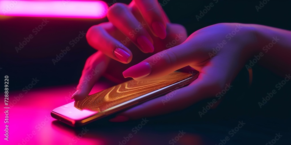 Poster close-up of a hand using a smartphone in neon light. modern technology in daily life. accessing digi