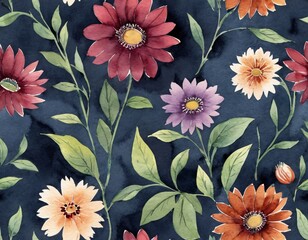 Watercolor painting of a collection of bright flowers on a dark background.