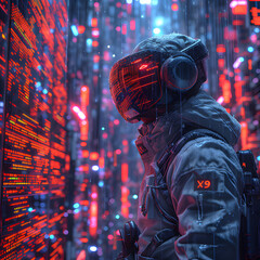 Cybernetic Astronaut Analyzing Futuristic Data Streams