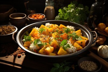 hearty bowl of potato stew, garnished with fresh herbs, is presented amidst a backdrop of whole spices, vegetables, and cooking utensils, capturing the essence of homemade cuisine.
