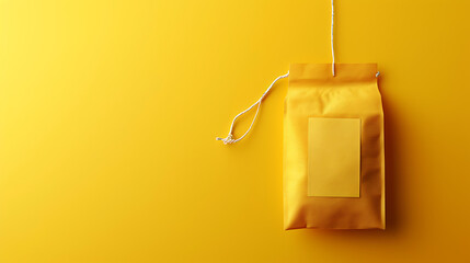 A yellow sachet with a tea bag inside, with a yellow label on a yellow background. - Powered by Adobe