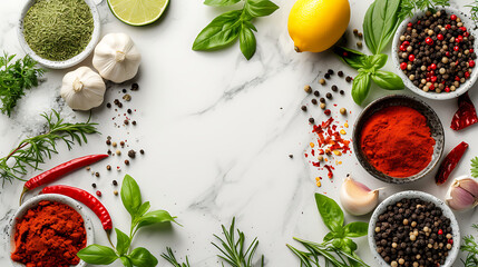 Healthy Natural Cooking food ingredients background, White marble table with spices - hot red pepper, seasonings, garlic, salt, greens, tarragon, parsley, herbs, lime lemon. Copy space.