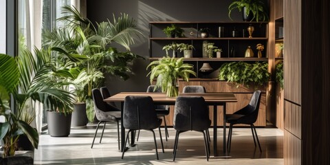 Fototapeta premium Contemporary dining room adorned with indoor plants.