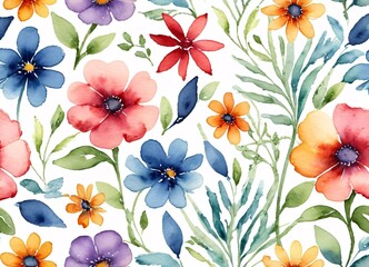 Watercolor painting of collection of bright flowers on white background