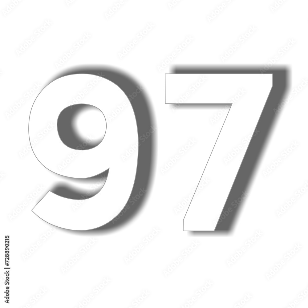 Poster number 97 in white color sign symbol 3d numbers for design elements isolated on transparent backgrou
