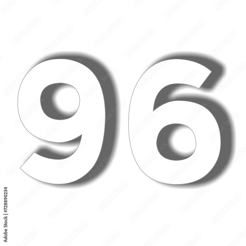 Poster number 96 in white color sign symbol 3d numbers for design elements isolated on transparent backgrou