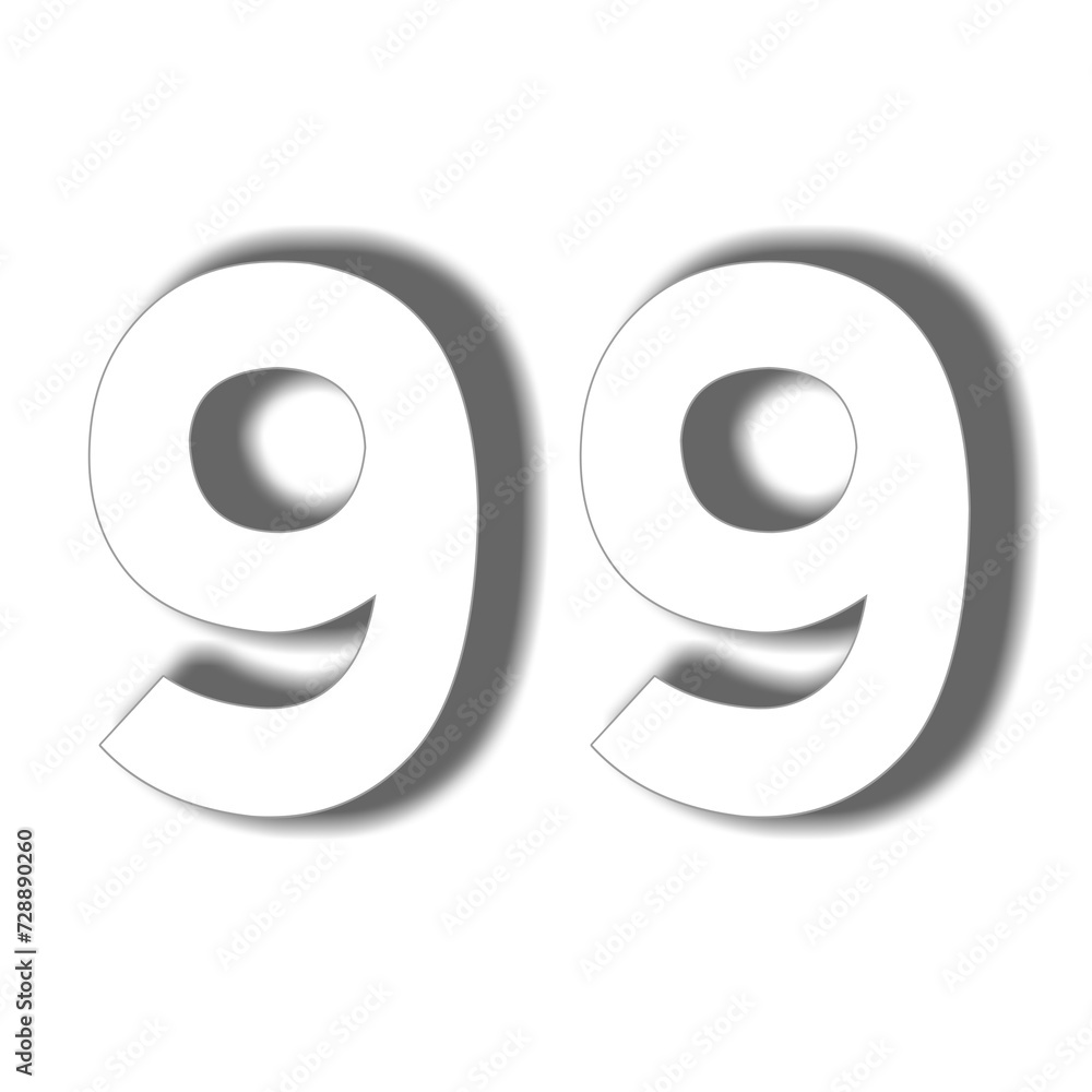 Poster number 99 in white color sign symbol 3d numbers for design elements isolated on transparent backgrou