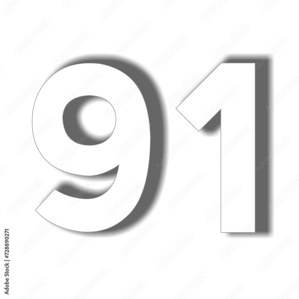 Poster number 91 in white color sign symbol 3d numbers for design elements isolated on transparent backgrou