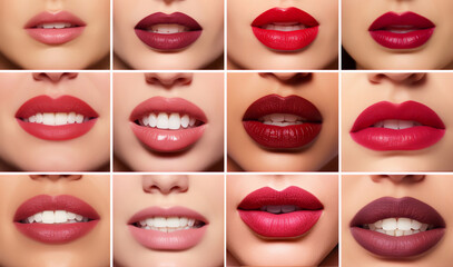 Lips makeup collage. Design template. Women with various colored lipstick
