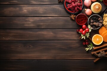 Chinese new year food and drink still life on rustic wooden background flat lay. Copy space