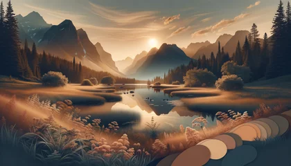 Schilderijen op glas Tranquil sunrise over untouched wilderness, featuring serene lake and graceful deer. © TechArtTrends
