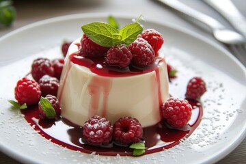 panacotta with raspberries and mint on top