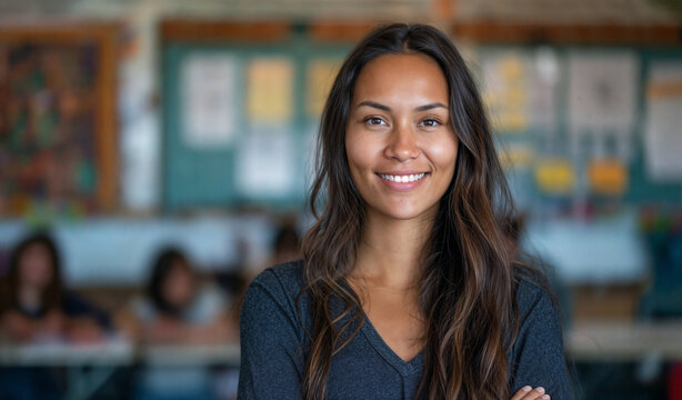 Portrait of a young Native American Indian teacher in her school classroom