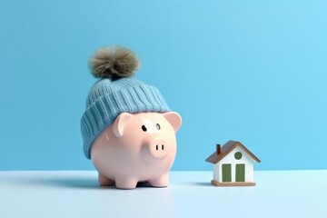 House model and piggy bank with warm hat on blue background. Winter bills concept