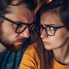 Close-up portrait of a stressed young couple arguing at home, showing intense emotions and relationship struggles.