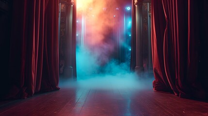 Empty stage with vibrant lights and smoke. mysterious theater scene. ready for performance. simple theatrical background. AI