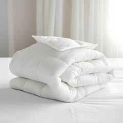 Fototapeta na wymiar White folded duvet on a bed, symbolizing winter season readiness and cozy home decor.
