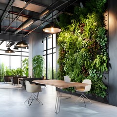 Green living wall with perennial plants in a modern office interior, showcasing urban gardening and natural interior design elements.