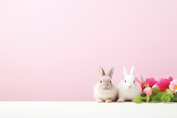 Easter spring rabbits on pink background with copy space - obrazy, fototapety, plakaty