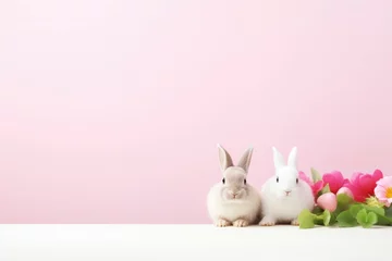 Tuinposter Easter spring rabbits on pink background with copy space © Оксана Олейник