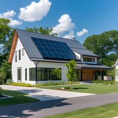 Modern suburban house with a photovoltaic system on the roof, highlighting eco-friendly features and sustainable living in a residential setting.