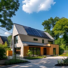 Modern suburban house with a photovoltaic system on the roof, highlighting eco-friendly features and sustainable living in a residential setting.