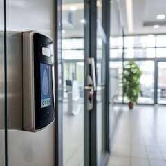 High-tech fingerprint scan access control system machine on the wall near an office entrance, showcasing modern security technology.