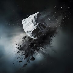 Surreal image of a white rock stone breaking apart in space, surrounded by falling black dust and splashes, creating a fantasy atmosphere.