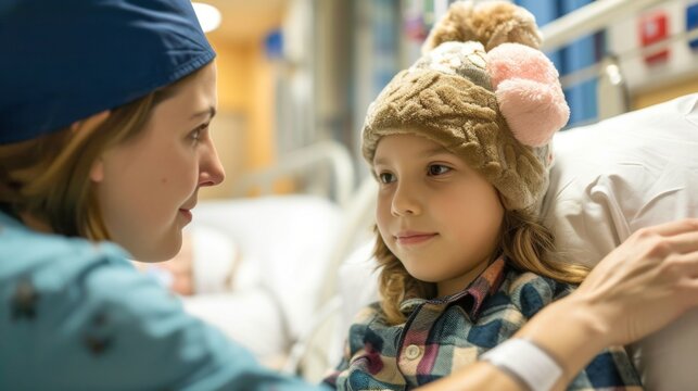Children's oncologist doctor talking to a patient with childhood cancer generative ai