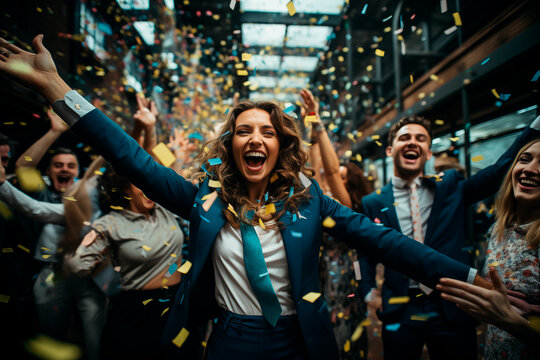 Businesswoman celebrating a promotion at work. Office party. Social event at work. Generative AI