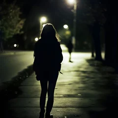 Foto op Canvas Silhouette of a scared young woman walking alone at night, capturing the vulnerability and fear of being followed. Concept of insecurity and potential danger. © Hasanul