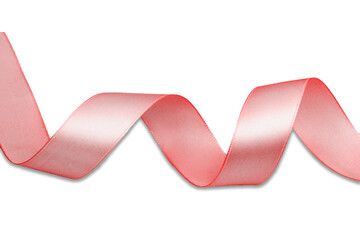 Pink satin ribbol isolated on white. Closeup shiny material ribbon. Cutout material fabric strap....
