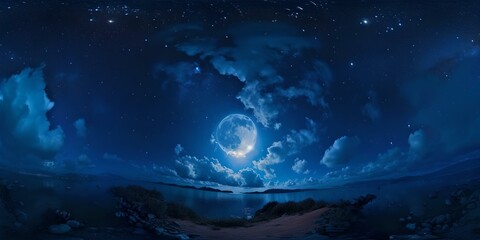 Majestic night skies over tranquil waters. stars and moon glow. serene nature scene. ideal for background or wallpaper. AI