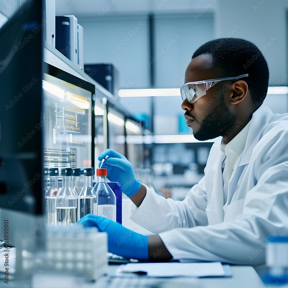 Wall mural dedicated pharmaceutical scientist, african american, working on cutting-edge research in a modern l