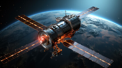 telecom communication satellite orbiting around the globe earth with futuristic technology