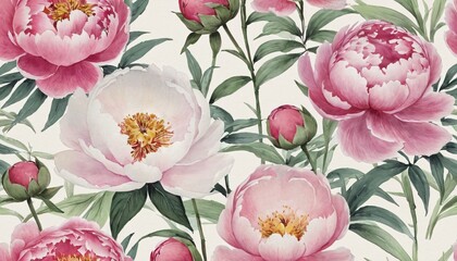 Watercolor painting of blooming peonies with lush green leaves