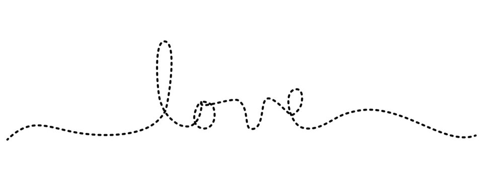 Calligraphic illustration of the word love represented by dashed lines. Line art for wedding card decorations and romantic designs