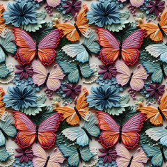 3D Fabrics embroidered seamless patterns of butterflys and flower, pastel color tones. Can be used for fabric printing, scrapbooking, crafts, diy.NO.19