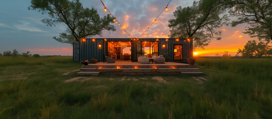 A modern single story container home is situated on an open prairie landscape. String lights are suspended over a patio, the doors are wide open letting fresh air in